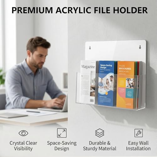 JUESHA 2 Pack Clear Acrylic File Holder Wall Mount Self Adhesive, Letter Size Hanging Paper Organizer, Wall Pocket File Holder Storage for Letter Folder Brochure Magazine Bookshelf Literature Display - color: White