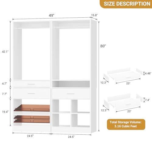 Unikito 50" W x 80" H Closet Organizer System, Modular Storage Tower with 2 Hanging Rods, 3 Wooden Drawers, Adjustable Shoe Rack & 4 Cubby Storage for Bedroom, Mudroom, Entryway White - color: White, size: 50 Inch