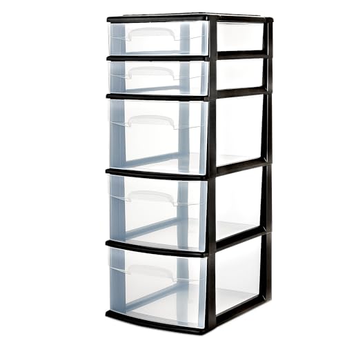 HOMZ Drawer Tower, 5-Tier Clear Plastic Storage Organizer Unit, Black Frame - Multi-Purpose Container Drawers for Home, Bathroom, and Office Organization - color: Black