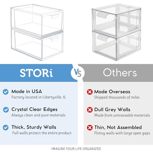 STORi Audrey Stackable Clear Bin Plastic Organizer Drawers | 2 Piece Set | Organize Cosmetics and Beauty Supplies on a Vanity | Made in USA - size: 4.5" Tall Set