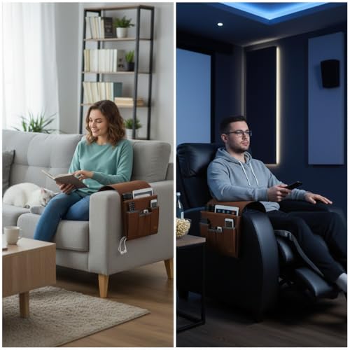 Sofa Armchair Caddy & Remote Control Holder - Armrest Organizer with Side Pocket Storage for Recliner Couch, for magazines, Tablets, Phones, Game Consoles