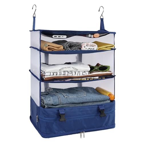 Surblue Hanging Closet Storage Bag Collapsible 3-Shelf Washable Oxford Fabric with 2 Hooks (XL 17.71 * 11.81 * 20in, Blue) - color: Blue, size: XL 17.71*11.81*20in