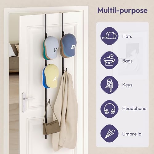 SWTYMIKI Over Door Hat Rack - 2 Packs Hat Organizer with 8 Hooks Design, Hanging Baseball Cap Organizer Storage Holds Up to 40 Caps for Door, Bedroom, Closet (Black) - color: black, size: 2 Pack