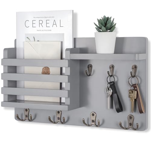 Nekon Mail Holder for Wall Mail Organizer with Key Hooks Hallway Farmhouse Decor Storage Racks with Floating Shelf and Flush Mount Hardware (16.8Inch x 10Inch x 3.2Inch) (Gray) - color: Gray