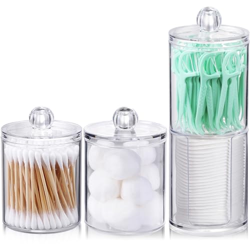 AOZITA 4 Pcs, Acrylic Qtip Holder Dispenser for Cotton Swab, Ball, Round Pads, Floss Picks - Clear Plastic Apothecary Jar Set for Bathroom Canister Storage Organization, Vanity Makeup Organizer - color: Clear, size: 4