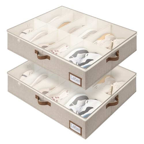 StorageWorks Under Bed Shoe Storage for Closet, 2-Pack Ultra-thick Fabric Shoe Organizer, Collapsible Shoes Containers with Bottom Support, Fits up to 24 Pairs, Taupe - color: Taupe, style: Fixed Divider