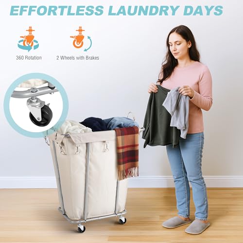 PLKOW Laundry Basket with Wheels 120L Heavy-Duty Laundry Cart with Removable Waterproof Bag, Metal Frame Clothes Basket with Lockable Casters for Home, Laundry Room, Hotel, Beige - color: Beige-120L