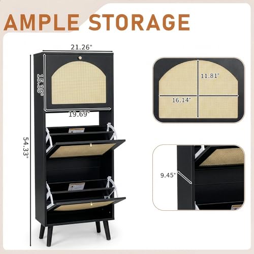 Karl home Shoe Rack Storage Organizer, Rattan-Panel 3-Tilt-Out Shoe Storage Cabinet, Hidden Shoe Storage for Entryway,Ideal for Heels,Slippers,Casual Shoes,Black - color: Black, size: 3-Tilt-Out