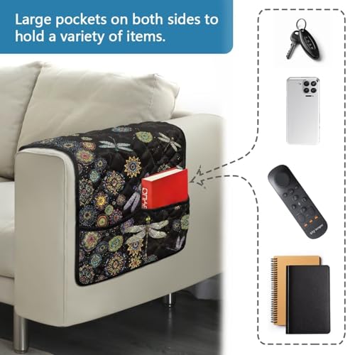 Boho Mandala Dragonfly Print Sofa Armrest Organizer, Couch Armrest Cover for Recliner with Side Pocket Stain Resistant Armchair Slipcover for Couch, Remote Controls Holder - color: Boho Mandala Dragonfly