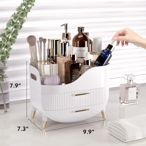 Makeup Organizer for Vanity, Large Capacity Skincare Cosmetic Organizer Countertop with 2 Drawers, Cosmetic Display Cases Makeup Storage Box for Bedroom, Bathroom, Ideal Gifts for Women(White) - color: White2