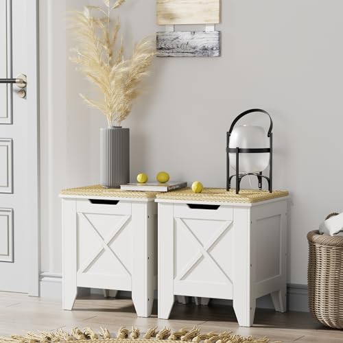 VECELO 17.7" Storage Bench, Entryway Shoe Ottoman, Farmhouse Style Bench with Handwoven Cushion and Metal Safety Hinges, for Bedroom, Living Room, Entryway, White - color: White, size: 17.7"W