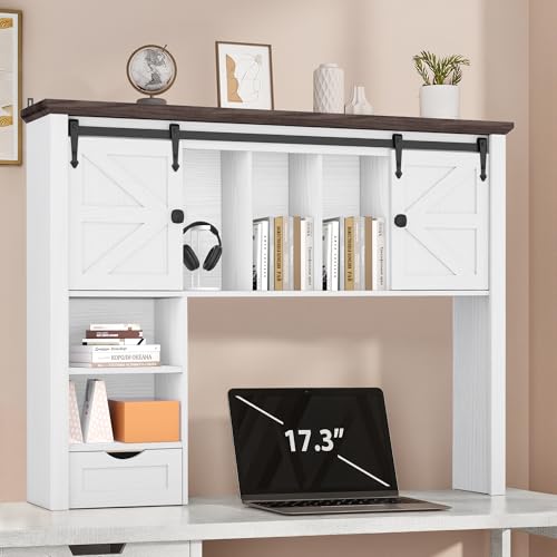 Large Desktop Bookshelf with Sliding Barn Door, 47.2''W Desk Shelf Display Rack, Desktop Organizer Storage Rack with 7 Cubbies and Drawer, Home, Desk Shelf for Office, Dorm, Vanity, White - color: White, size: 47.2''W