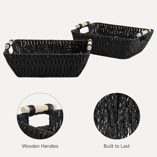 StorageWorks Large Wicker Storage Basket for Organizing with Wooden Handles, Toilet Paper Baskets for Shelf, Black, 2-Pack - color: Black, size: Medium