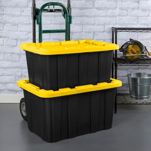 Sterilite 4-Pack 27 Gallon Industrial Storage Tote, Heavy-Duty Plastic Bins, Black/Yellow - Stackable Utility Organizers with Lids for Garage, Camping Tools, and Outdoor Gear - size: 27 Gallon - Black/Yellow