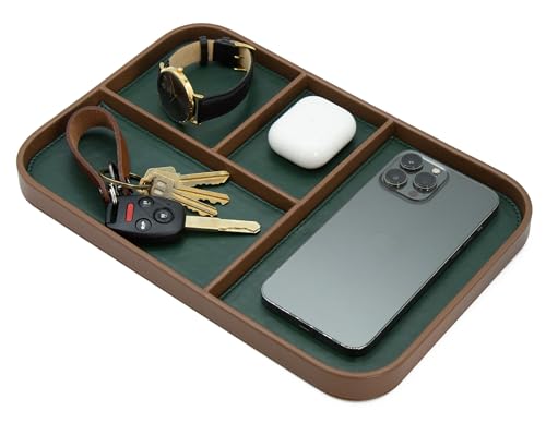 MUUJEE Leather Catchall Multitray (Design 3) - 11.65 x 7.75 x 0.8, Nightstand Entryway Bedside Dump Tray Valet Organizer for Keys Phone Wallet Watch Glasses Pens, Office Desk Accessory for Men, Green - color: Green