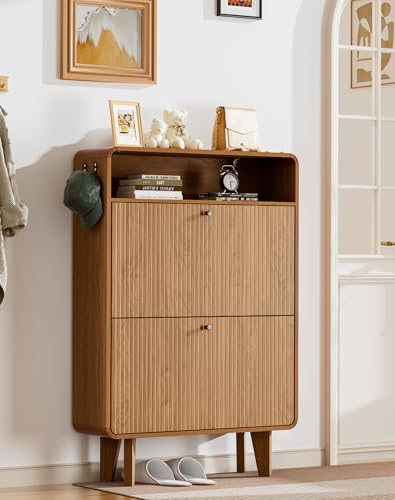 Fluted Shoe Cabinet with 2 Flip Drawers, Narrow Shoe Rack with Open Storage & Hooks, Freestanding Hidden Organizer Shoe Storage for Entryway, Hallway, Walnut
