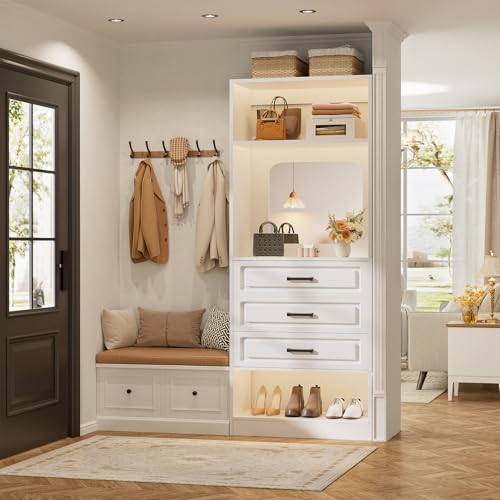 Unikito 25”Freestanding Closet System with 3 Drawers, Closets Organizer Wardrobe with Storage Shelves and Mirror, Sturdy Wood Walk-in Closet Systems for Small Closets, 25" W x 16" D x 80" H, White - color: White, size: 25 Inch