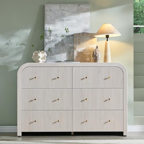 T4TREAM Fluted 6 Drawers Dresser for Bedroom, 54" Wide Modern Chest of Drawers with Thickened Curved Profile Design, Wood Dressers TV Stand for Bedroom, Living Room, Hallway, Alder White - color: Alder White, size: 15.75"D x 54"W x 36"H(6 Drawers)