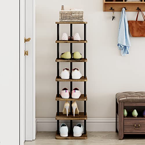 AZERPIAN Shoe Rack 7 Tier Vertical Storage Organizer Narrow Metal Slim Shelf Modern Free Standing Shoe Tower Saving Space for Closet Entryway Bedroom,Black+Rustic Brown - color: Black+rustic Brown, size: 7 Tier