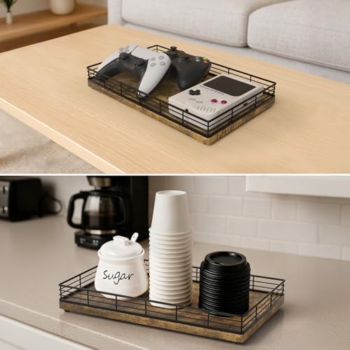Large Bathroom Vanity Tray – 13" x 8" Decorative Wooden Tray for Bathroom Countertop & Vanity Organizer, Wood Tray for Perfume, Skincare Accessories Storage, Vanity Dresser Decor Black & Rustic Brown - color: Rustic Brown, size: 13" x 8" x 2"