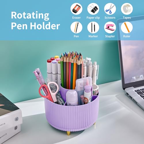 Marbrasse Desk Organizer, 360-Degree Rotating Pen Holder, Desk Organizers and Accessories with 5 Compartments Pencil Holder, Art Supply Storage Box Caddy for Office, Home（Purple） - color: Purple