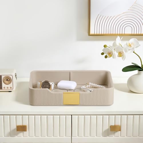 Valet Tray Desktop Storage Organizer, PU Leather Catchall Bedside Vanity Tray with Brass Accents Block Nightstand Organizer for Keys Watch Wallet Phone, Decorative Nightstand Storage (Beige) - color: Beige