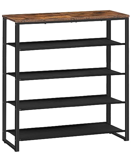 HOOBRO Shoe Rack, 5 Tier Shoe Storage Organizer with 4 Oxford Fabric Shelves and Top Panel, Holds 16-20 Pairs of Shoes, for Entryway and Closet, Industrial, Rustic Brown BF50XJ01 - color: Rustic Brown + Black, size: 29.5"L x 11.2"W x 29.5"H