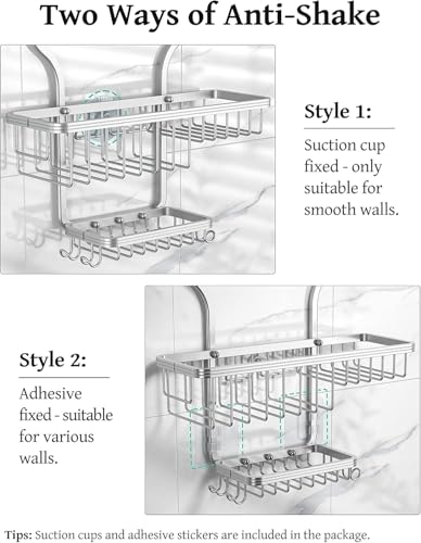 YASONIC Never-Rust Aluminum Hanging Shower Caddy – Over-the-Showerhead Organizer with 10 Hooks for Razor and Sponge – Includes Soap Basket – Silver - color: Silver