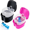 Keedolla 2 Pack Denture Bath Box Cup Retainer Cleaner Case with Strainer Basket, Mouth Guard Cleaning Case Denture Storage Soaking Holder - Black & Rose Red - color: Black & Rose Red