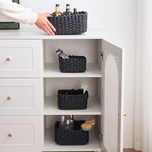 4PCS Woven Storage Baskets Set, Small Baskets for Organizing, Square Handwoven Paper Rope Organizer Bins for Shelves and Home Storage (Black) - color: Black