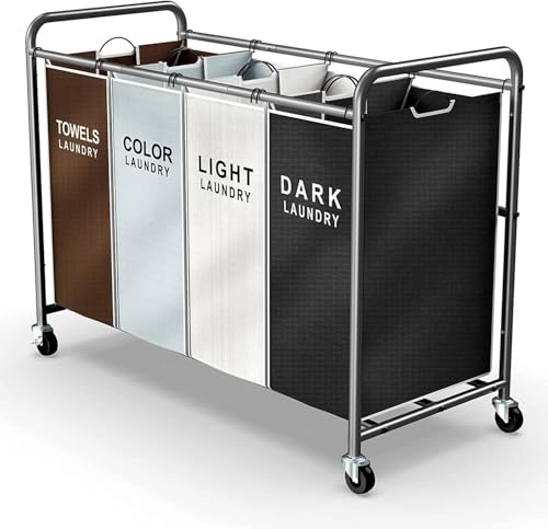 ROMOON Laundry Hamper Sorter Cart: 4-Section Organizer with Heavy-Duty Lockable Wheels and Removable Bags | 180L Rolling Laundry Basket for Dirty Clothes in Laundry Room or Small Spaces (Multicolor) - color: Multicolored