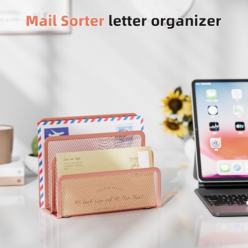 Marbrasse Mail Organizer for Desk, 3-Slot Mesh Metal Mail Holder countertop, Letter Holder, Office Desktop Envelope and Document Storage Rack (Rose Gold) - color: Rose Gold