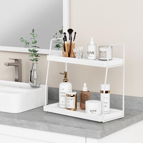Forbena White 2 Tier Bathroom Organizer Countertop, Small Counter Top Organizer for Bathroom Decor, Modern Kitchen Counter Shelf for Snack, Vanity Makeup Organizers and Storage Tray for Bedroom - color: White-white