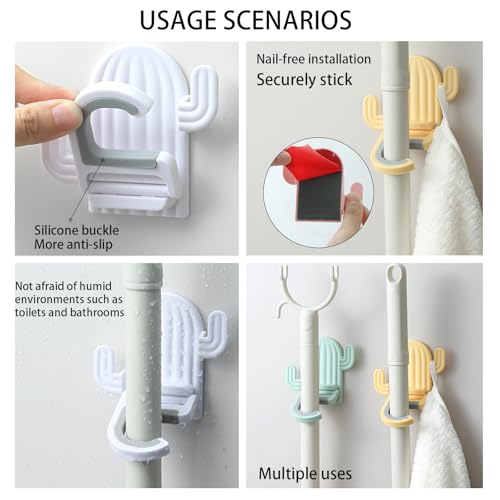 4 Pack Broom and Mop Holder Wall Mount，Cute Cactus Wall Utility Hooks No Drill Mop and Broom GripperDecorative Hanging Holder for Bathroom Kitchen