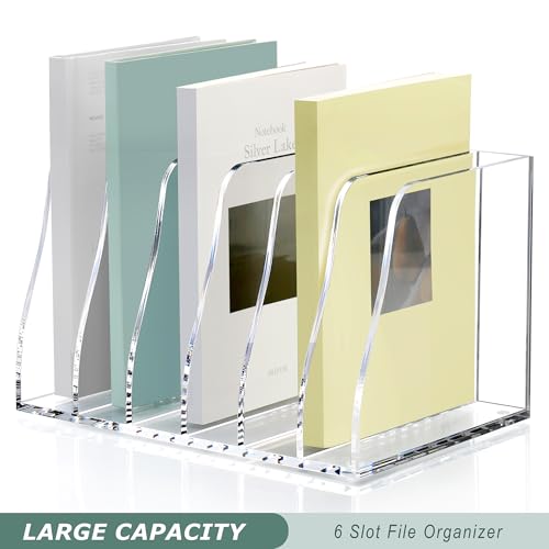SANRUI Acrylic Magazine File Holder, 6 Vertical Compartments Desk Document Sorter Organizer, Clear Folder Rack Binder Bookstore Workspace Sorters for Office Accessories Organization Storage - style: 6 Slot B5 File Rack