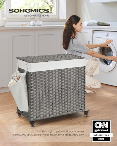 SONGMICS Laundry Hamper with Lid, 37 Gallons (140 L), Rolling Laundry Basket with Wheels, 3-Section Synthetic Rattan, Removable Liner, Bedroom, 26 x 13 x 26 Inches, Gray ULCB363G01 - color: Gray, size: 140 L