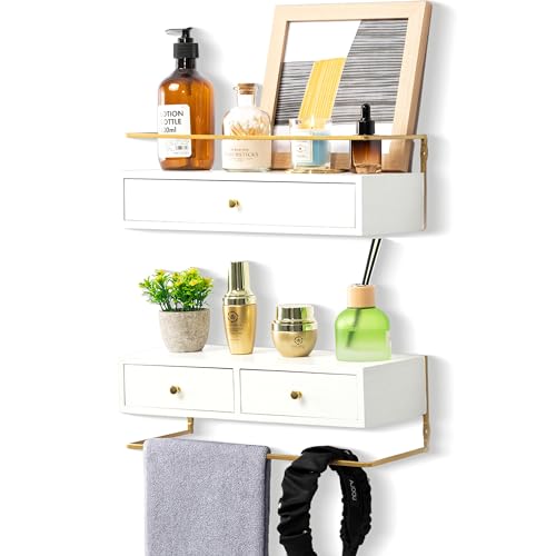 Dreampossible Floating Shelves With Drawers Set of 2, Wall Mounted Bathroom Storage, Rustic Wood Shelves for Bedroom, Living Room, Kitchen, Home Decor, Plants, Books (White) - color: White, size: 13.8 Inch Long