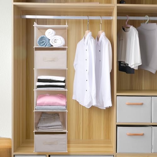 Large Hanging Sweater Organizer for Closet,Collapsible 6-Shelf Hanging Closet Shelves with Drawers, Washable (Beige -6 Shelf-2 d) - color: Beige, size: 6 Shelf with 2 drawers