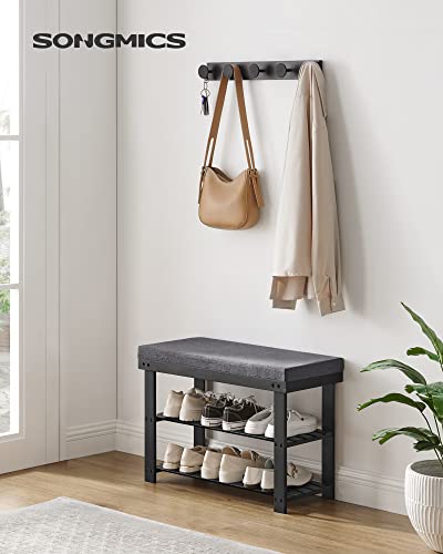 SONGMICS Bamboo Shoe Bench, 3-Tier Shoe Rack Organizer for Entryway, Living Room, Bench Seat Holds Up to 300 lb, 11.9 x 28.3 x 19.2 Inches, Ink Black and Slate Gray ULBS604B01 - color: Ink Black + Slate Gray, size: 28.3"W