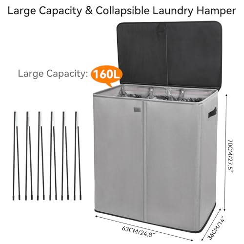 WOWLIVE Laundry Hamper with Lid,160L Large Laundry Basket 3 Section with Removable Washing Bags,Collapsible Waterproof Dirty Clothes Hamper for Laundry Room Bathroom Dorm,Grey - color: Grey, size: 160L (24.8x 14 x 27.5 Inches)