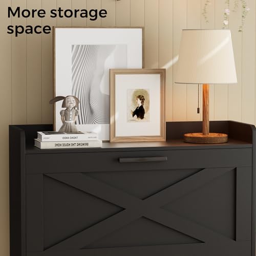 Homleke 32" W Farmhouse Shoe Storage Cabinet with 2 Flip Drawers and Barn Door Design, Adjustable Shelves, Modern Hidden Slim Narrow Shoe Rack Cabinet for Entryway, Foyer, Hallway, Living Room, Black