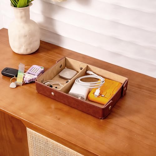 PU Leather Valet Tray Small NightStand Bedside Entry Table Trya with Partition for Phone Jewelry Glasses Keys and Coins Father's Day Birthday Gifts (Brown and Pink) - color: Brown and Pink