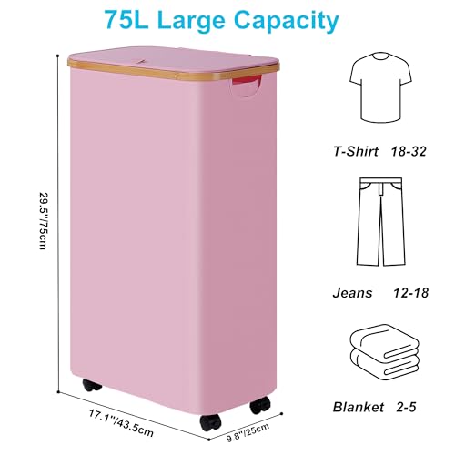 efluky Slim Laundry Basket with Wheels, Narrow Rolling Laundry Hamper with Lid and Removable Bag, Tall Aesthetic Dirty Clothes Hamper on Wheels for Laundry Room, Bedroom, Dorm and Bathroom, 75L Pink - color: Pink, size: 75L