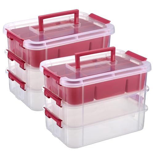 JUXYES 2Pack 3-Tiers Stack Carry Storage Box With Divided Tray, Transparent Stackable Storage Bin With Handle Lid Latching Storage Container for School & Office Supplies, Red - color: Red