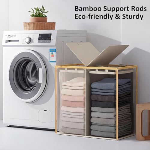 efluky Laundry Hamper with Lid, Double Laundry Hamper with 2 Removable Bags, 2 Section Laundry Basket with Bamboo Handles for Bathroom, Bedroom & Laundry Room, 140L (36.9 Gallon) Beige - color: Beige, size: 140L Dual
