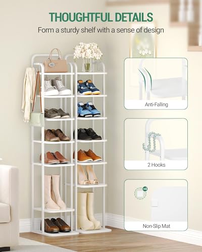 Hzuaneri 8 Tiers Vertical Shoe Rack, Narrow Shoe Tower, Tall Shoes Shelf with 2 Hooks, Adjustable Shelves, Corner Shoes Shelves for Small Spaces, Entryway, Living Room, White SR04313W - color: White, size: 8 Tier(11.8"D x 10.4"W x 53.2"H)