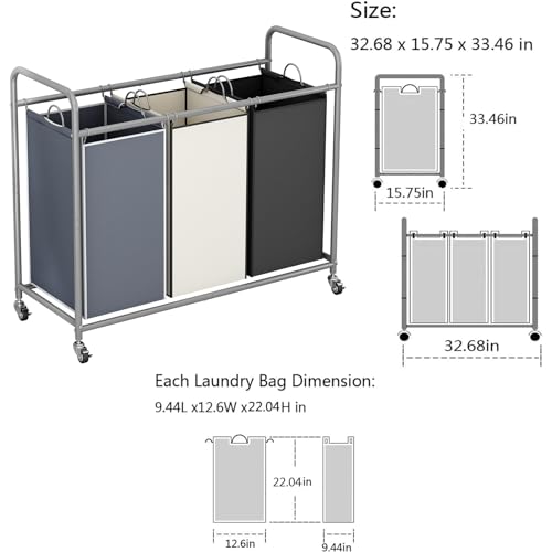 LINZINAR 3-Bag Laundry Basket Sorter Laundry Hamper Cart with Heavy Duty Rolling Lockable Wheels and Removable Bags (Assorted) - size: 3 Bags Assorted