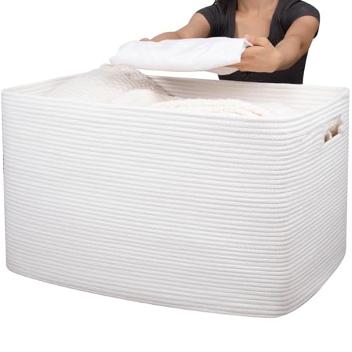 OIAHOMY 118L XXXLarge Cotton Rope Storage Basket, Oversized Blanket Basket, Used for Organizing Dirty Clothes in Living Room, Bedroom, Nursery, Dog Toy Storage Bins, 25" x 17" x 16",White - color: White