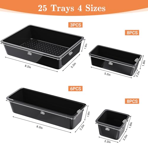 SpaceHacks 25 PCS Plastic Drawer Organizer Set, 4-Size Versatile Organizer Trays & Storage Bins for Makeup, Jewelry, and Gadgets in Bathroom, Bedroom and Office, Black - color: Black