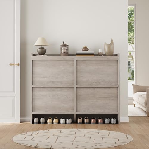 GarveeHome Shoe Cabinet with 4 Flip Drawers, Wooden Shoe Organizer Cabinet with Adjustable Shelf, Shoe Storage for Entryway, Hidden Shoe Cabinet for Hallway, Living Room, Grey - color: Grey, size: 4-Drawers